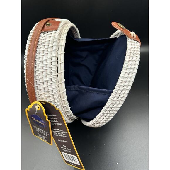 9” NAVY Lined WHITE‎ Round Rattan Bag for Women Beach Crossbody Shoulder Bag NWT - Picture 10 of 16